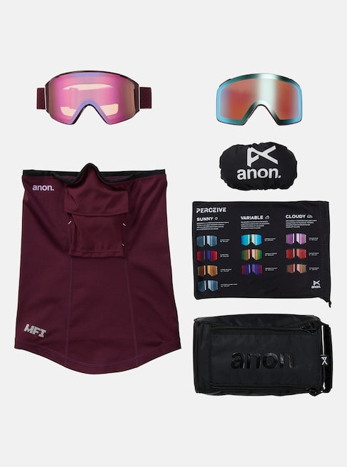 Anon M4S Goggles (Cylindrical) + Bonus Lens + MFI® Face Mask - Deep Cherry/Perceive Cloudy Pink