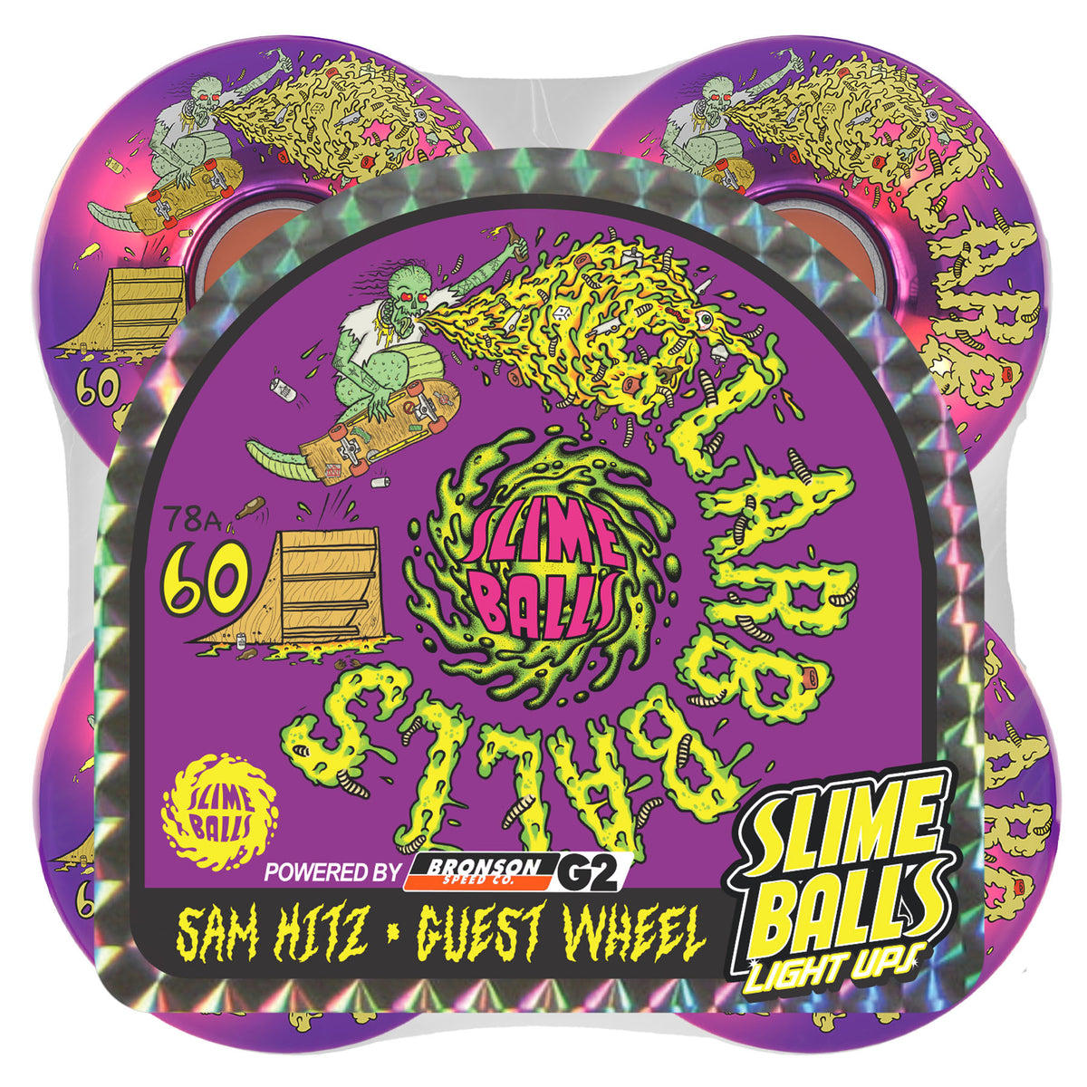 Slime Balls 78a Sam Hitz Light Ups OG LED 60mm Skateboard Wheels Slime Purple