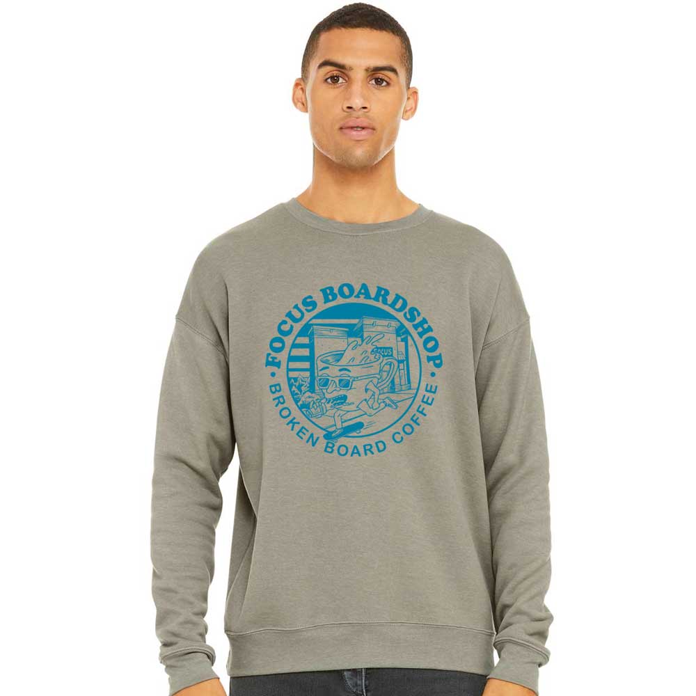 Focus Boardshop and Broken Board Coffee Collaboration Drop Shoulder Crew Stone Heather