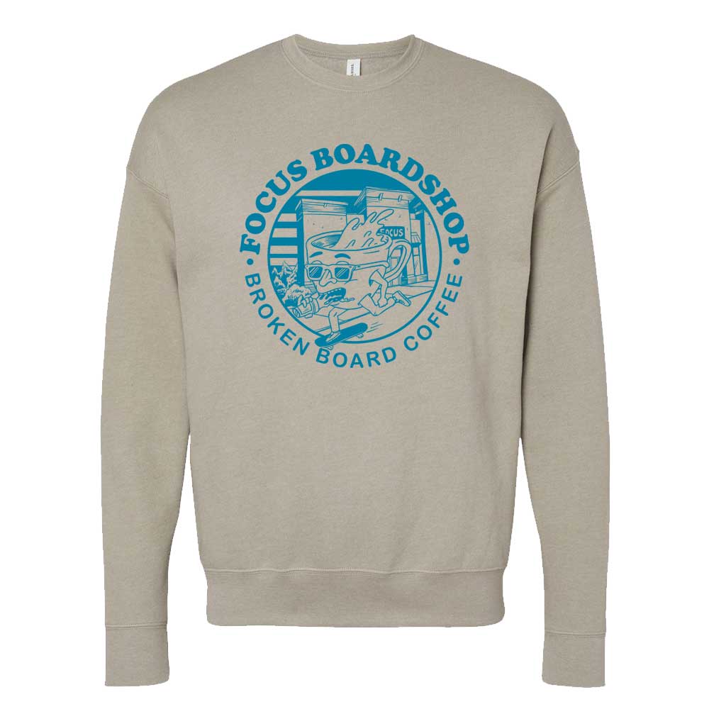 Focus Boardshop and Broken Board Coffee Collaboration Drop Shoulder Crew Stone Heather