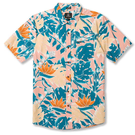 Volcom Leaf Pit Floral Short Sleeve Button Up T-Shirt - Salmon