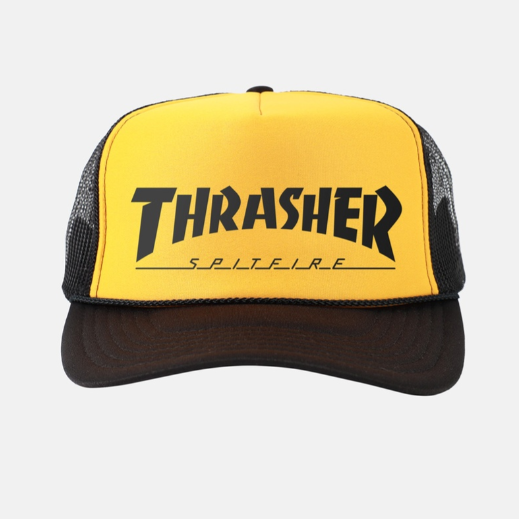 Thrasher Spitfire Logo Snapback Hat - Black/Gold/Black