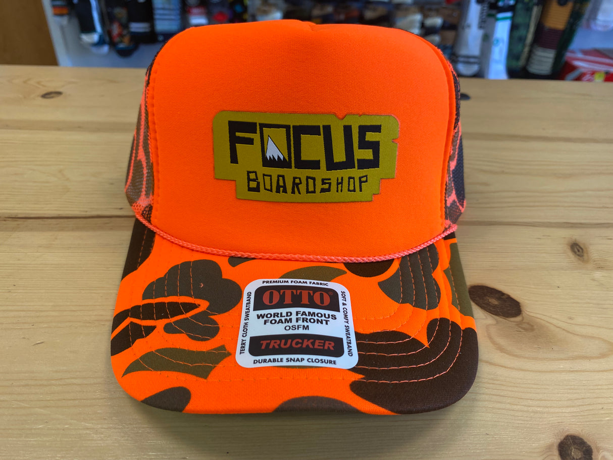 Focus Boardshop Peak Logo Mesh Trucker Cap - Orange Camo