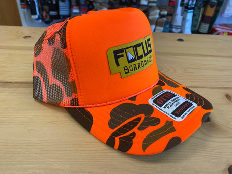 Focus Boardshop Peak Logo Mesh Trucker Cap - Orange Camo