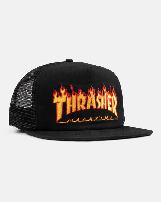 Thrasher Embroidered Flame Logo Mesh Snapback Hat - Black