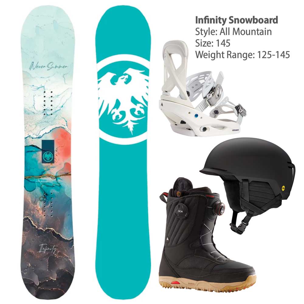 Women's Rental: Never Summer Snowboard, Burton Boots and Burton Bindings, Smith Helmet