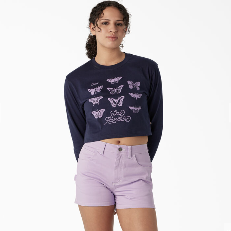 トップス Butterfly Graphic Long Sleeve Tee Dickies Women's Butterfly Graphic Long Sleeve Cropped Tee - Navy