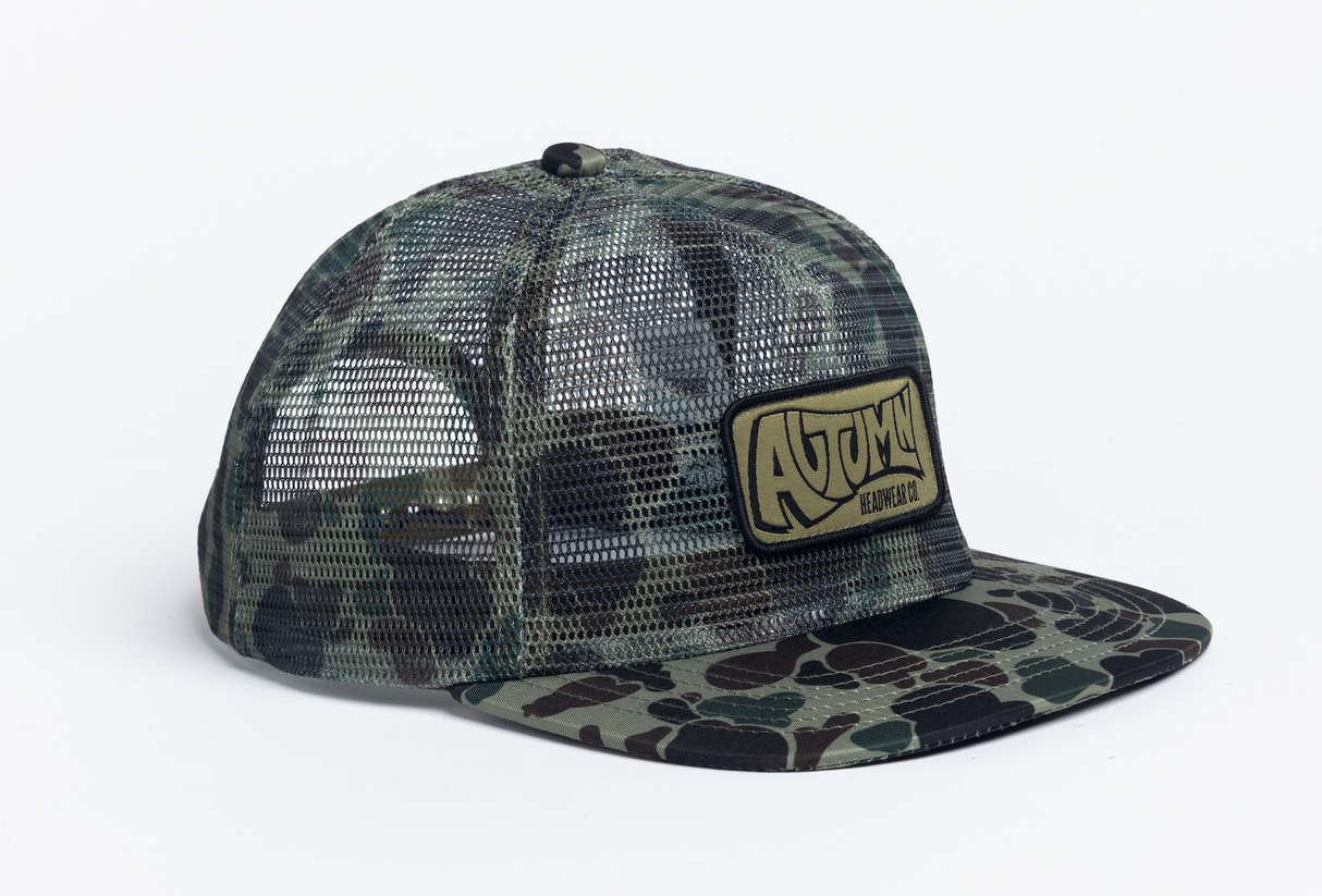 Autumn Camo Trucker Full Mesh Snapback Hat - Orange
