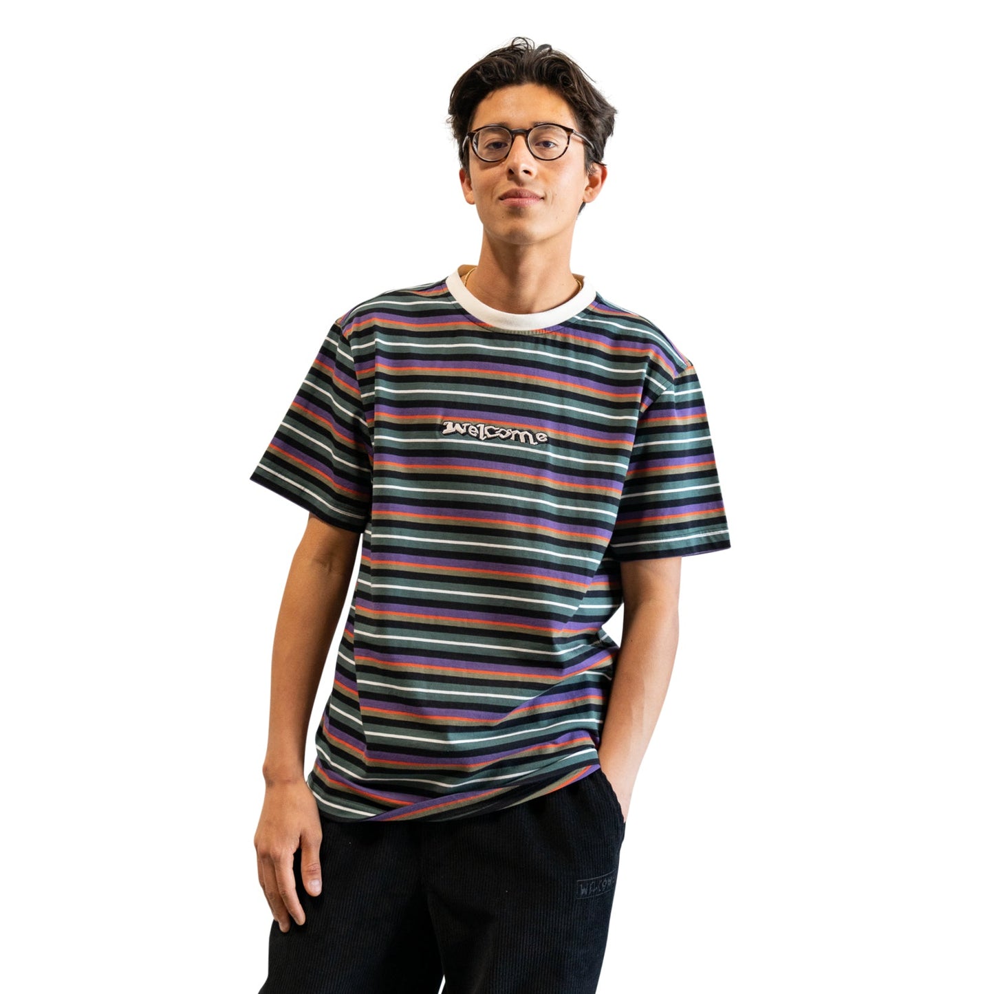 Welcome Surf Stripe Yarn-Dyed Knit T-Shirt - Forest